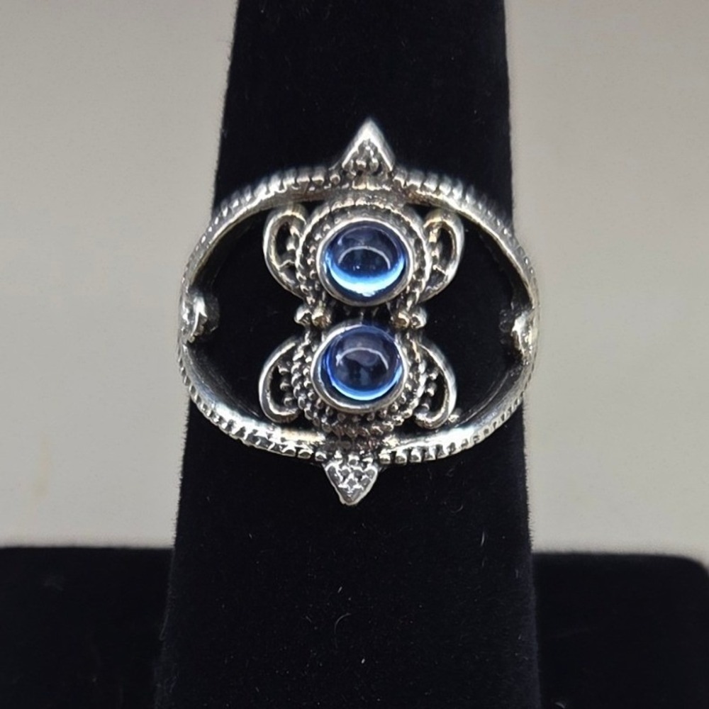 Silver Tone Blue Cabochon Double Stone Ornate Statement Ring Size 8 0393